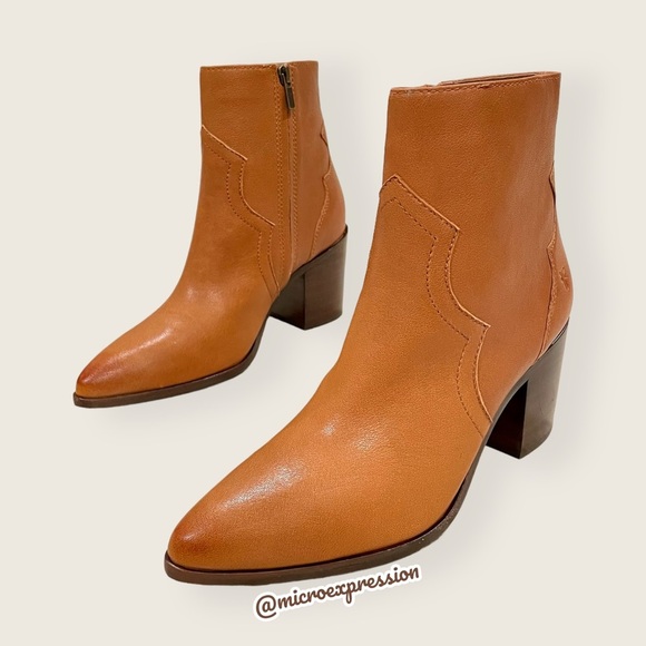 $428 Frye Flynn Short Cognac Brown Real Leather Zipper Block Heel Ankle Booties - Picture 9 of 15